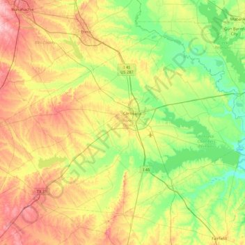 Mapa topográfico Navarro County, altitud, relieve