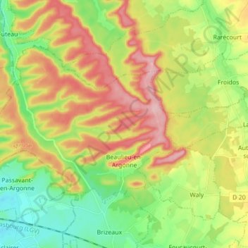 Mapa topográfico Beaulieu-en-Argonne, altitud, relieve