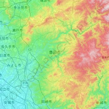 Mapa topográfico Toyota, altitud, relieve