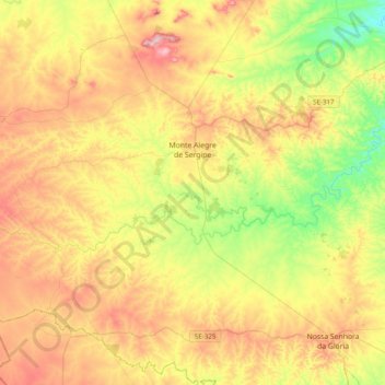 Mapa topográfico Monte Alegre de Sergipe, altitud, relieve