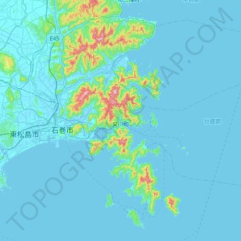 Mapa topográfico 牡鹿郡, altitud, relieve