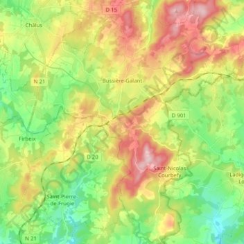 Mapa topográfico Bussière-Galant, altitud, relieve