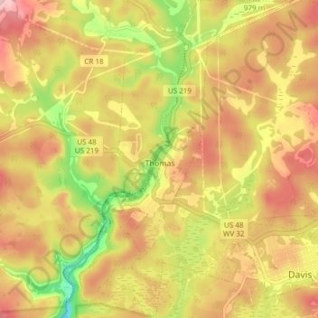 Mapa topográfico Thomas, altitud, relieve