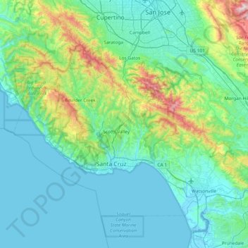 Mapa topográfico Santa Cruz County, altitud, relieve