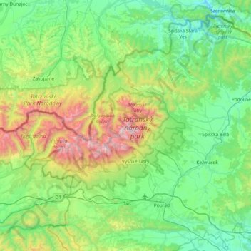 Mapa topográfico Tatra Mountains, altitud, relieve