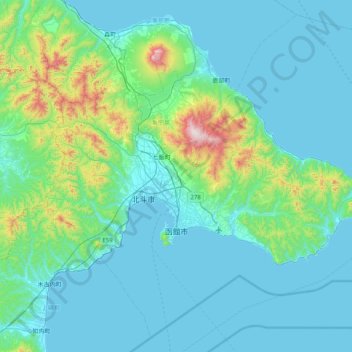 Mapa topográfico Hakodate, altitud, relieve