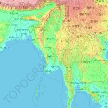 Mapa topográfico Myanmar, altitud, relieve