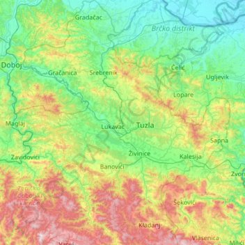 Mapa topográfico Canton de Tuzla, altitud, relieve