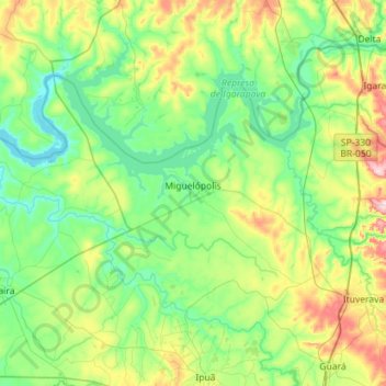 Mapa topográfico Miguelópolis, altitud, relieve