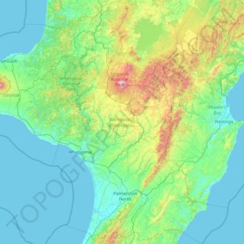 Mapa topográfico Manawatū-Whanganui, altitud, relieve
