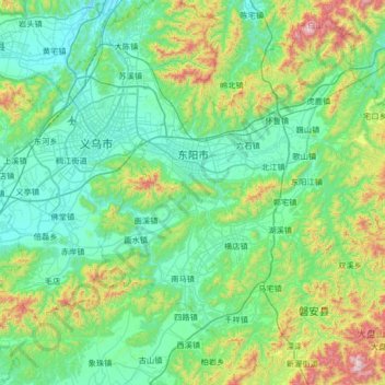 Mapa topográfico Dongyang, altitud, relieve