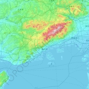 Mapa topográfico Kobe, altitud, relieve