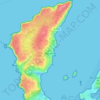 Mapa topográfico Roscanvel, altitud, relieve