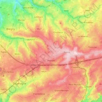 Mapa topográfico Herve, altitud, relieve