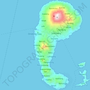 Mapa topográfico Pulau Siau, altitud, relieve