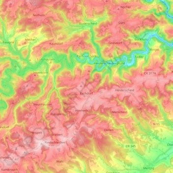 Mapa topográfico Esch an der Sauer, altitud, relieve