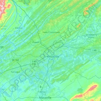 Mapa topográfico Knox County, altitud, relieve