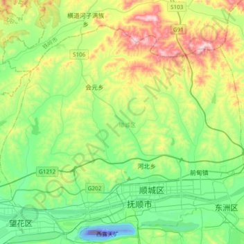 Mapa topográfico Shuncheng District, altitud, relieve
