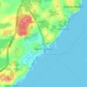 Mapa topográfico North Sydney, altitud, relieve