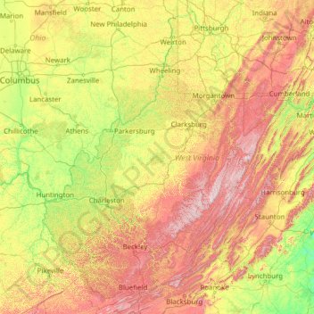 Mapa topográfico Virginia Occidental, altitud, relieve