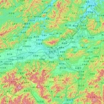 Mapa topográfico Jinhua, altitud, relieve