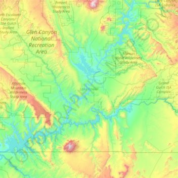 Mapa topográfico Lake Powell, altitud, relieve