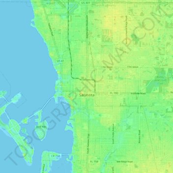 Mapa topográfico Sarasota, altitud, relieve