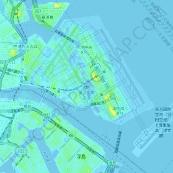 Mapa topográfico Tokyo International Airport, altitud, relieve