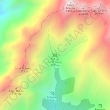 Mapa topográfico Refuge de Tighiettu, altitud, relieve