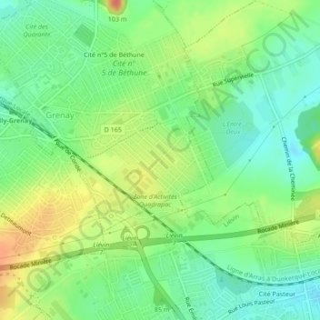 Mapa topográfico Cité n°11 de Béthune, altitud, relieve