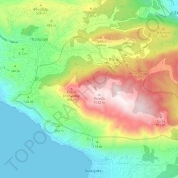 Mapa topográfico Γεράνεια (Λουτρακίου-Περαχώρας), altitud, relieve