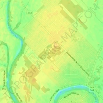 Mapa topográfico Parc écologique de l'Assomption, altitud, relieve