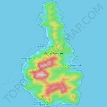 Mapa topográfico Tioman Island, altitud, relieve