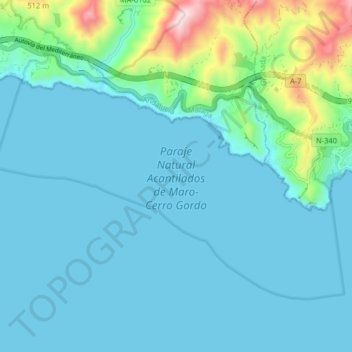 Mapa topográfico Paraje Natural Acantilados de Maro-Cerro Gordo, altitud, relieve