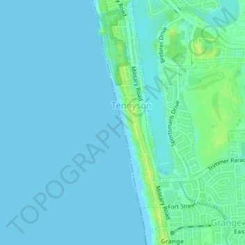 Mapa topográfico Tennyson Beach, altitud, relieve