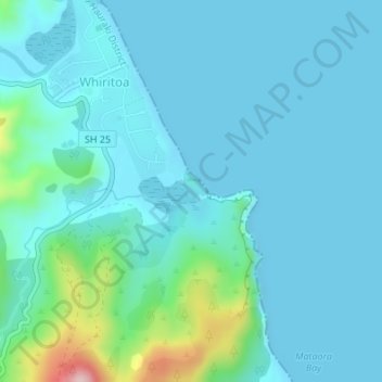 Mapa topográfico Whiritoa Lagoon, altitud, relieve
