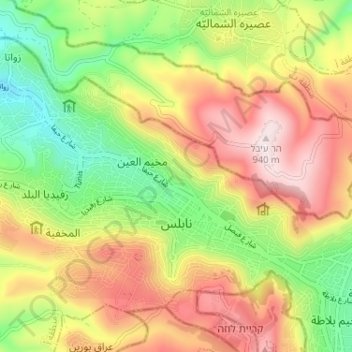 Mapa topográfico Nablus, altitud, relieve