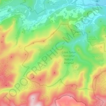 Mapa topográfico Glen Tanar, altitud, relieve