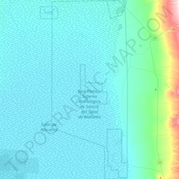 Mapa topográfico Sitio Ramsar Sistema Hidrológico de Soncor del Salar de Atacama, altitud, relieve