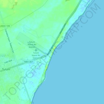 Mapa topográfico Zona de Monumentos Arqueológicos de Tulum, altitud, relieve