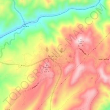 Mapa topográfico Mokelumne Hill, altitud, relieve