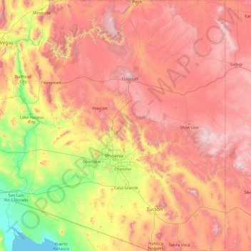 Mapa topográfico Arizona, altitud, relieve