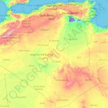 Mapa topográfico Argelia, altitud, relieve