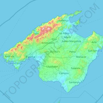 Mapa topográfico Mallorca, altitud, relieve